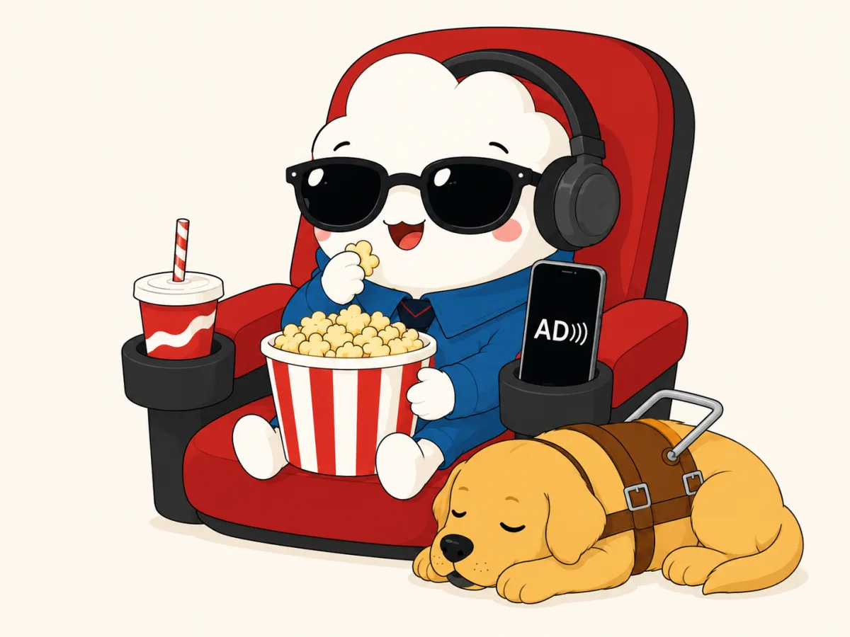 Een vrolijk popcornmannetje met zonnebril en koptelefoon zit in een rode bioscoopstoel te genieten van een film. Hij heeft een emmer popcorn op schoot. In de ene bekerhouder staat een drankbeker met rietje, in de andere een smartphone met het AD-logo met geluidsgolven op het scherm. Aan zijn voeten ligt een geleidehond in tuig te slapen.